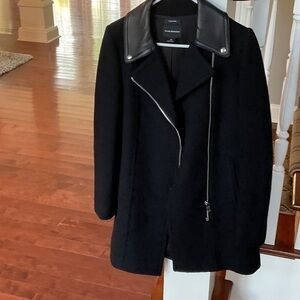 Club Monaco Black wool coat with Leather Accents perfect condition like new